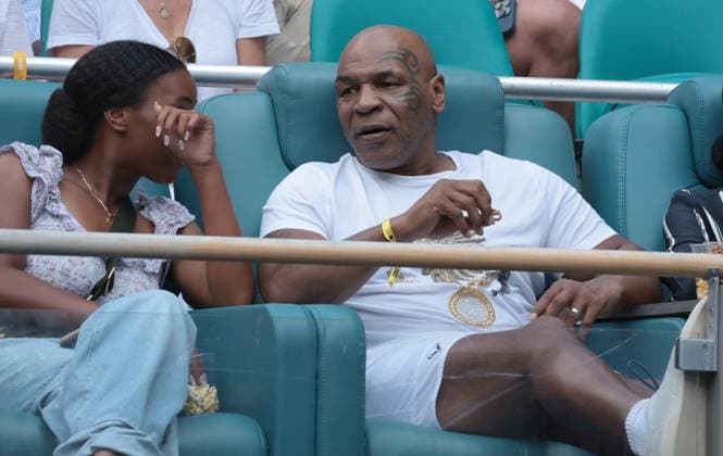 Mike Tyson watches Petra Kvitova from the Czech Republic play Elena Rybakina from Kazakhstan in the women s final at the Miami Open in the Hard Rock Stadium, Miami Gardens, Florida, on Saturday, April 1, 2023. Kvitova defeated Rybakina 7-6, 6-2.  MIA20230401107 GARYxIxROTHSTEIN