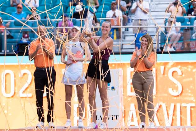 April 1, 2023, Miami Gardens, Florida, United States: April, 01 - Miami Gardens: Petra Kvitova(CZE) poses with the Champions trophy after defeating Elena Rybakina(KAZ) in the Singles Finals of the 2023 Miami Open by Itau. Miami Gardens USA - ZUMApa3_ 20230401_zap_pa3_023 Copyright: xAndrewxPatronx