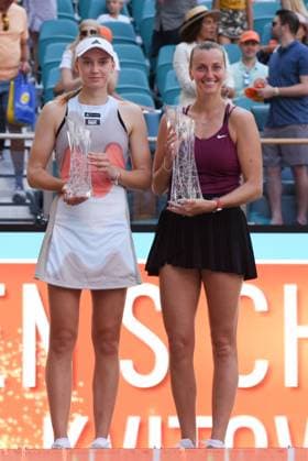 MIAMI GARDENS, FL - APRIL 01: Elena Rybakina (KAZ), left, and Petra Kvitova (CZE) who wins the Women™s Finals of the Miami Open on April 1, 2023 at Hard Rock Stadium in Miami Gardens Florida. (Photo by Michele Eve Sandberg Icon Sportswire) TENNIS: APR 01 Miami Open Icon2304013508