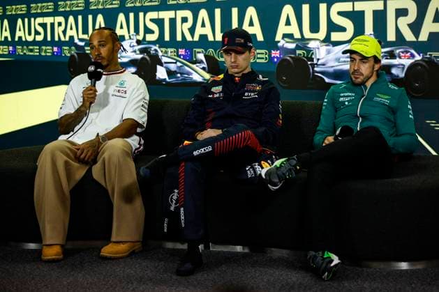 44 Lewis Hamilton (GBR, Mercedes-AMG Petronas F1 Team), 1 Max Verstappen (NLD, Oracle Red Bull Racing), 14 Fernando Alonso (ESP, Aston Martin Aramco Cognizant F1 Team), F1 Grand Prix of Australia at Albert Park Circuit on April 2, 2023 in Melbourne, Australia. (Photo by HOCH ZWEI) Melbourne Australia