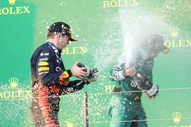 April 2, 2023: Dutch driver MAX VERSTAPPEN celebrates his victory on podium with Spanish driver FERNANDO ALONSO after the 2023 Formula One Australian Grand Prix at the Albert Park Circuit in Melbourne on April 02, 2023 in Melbourne, Australia - ZUMAa155 20230402_zaa_a155_029 Copyright: xChristopherxKhouryx