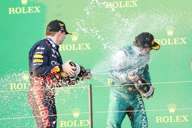April 2, 2023: Dutch driver MAX VERSTAPPEN celebrates his victory on podium with Spanish driver FERNANDO ALONSO after the 2023 Formula One Australian Grand Prix at the Albert Park Circuit in Melbourne on April 02, 2023 in Melbourne, Australia - ZUMAa155 20230402_zaa_a155_028 Copyright: xChristopherxKhouryx