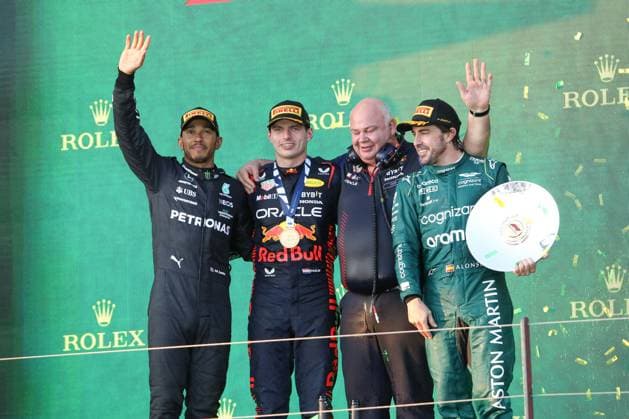 April 2, 2023: Dutch driver MAX VERSTAPPEN celebrates his victory on podium with British driver LEWIS HAMILTON and Spanish driver FERNANDO ALONSO after the 2023 Formula One Australian Grand Prix at the Albert Park Circuit in Melbourne on April 02, 2023 in Melbourne, Australia - ZUMAa155 20230402_zaa_a155_050 Copyright: xChristopherxKhouryx