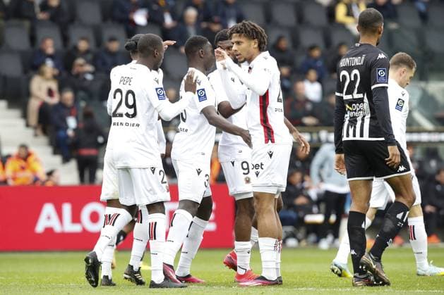 Joie - But de Terem Igobor Moffi (OGC Nice) - Nicolas Pepe (OGC Nice) - Aaron Ramsey (OGC Nice) - Gaetan Laborde (OGC Nice) - Jean Clair Todibo (OGC Nice) FOOTBALL : SCO Angers Vs OGC Nice - Ligue 1 - 02 04 2023 MichaelBaucher Panoramic 