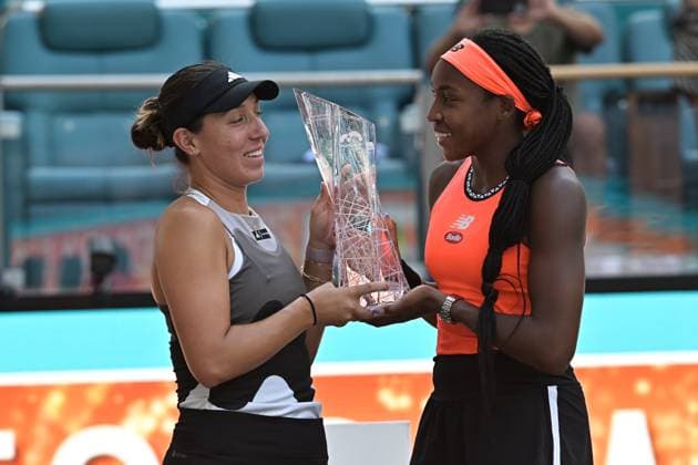 MIAMI GARDENS, FL - APRIL 02: Jessica Pegula (USA), left, and Coco Gauff (USA) win the Women™s Final Doubles match of the Miami Open on April 2, 2023 at Hard Rock Stadium in Miami Gardens, Florida. (Photo by Michele Eve Sandberg Icon Sportswire) TENNIS: APR 02 Miami Open Icon040220236