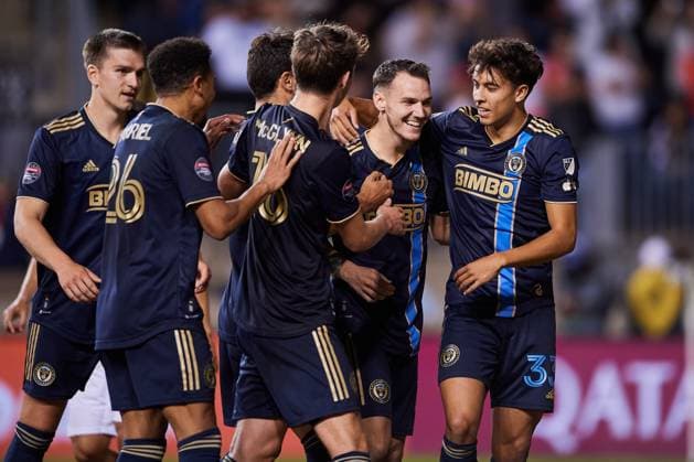 Fußball, CONCACAF Champions League, Philadelphia Union - Atlas Guadalajara Daniel Gazdag celebrates his goal 1-0 of Philadelphia during the game Philadelphia Union (USA) vs Atlas FC (MEX), corresponding to Quarterfinals first leg match of the 2023 Scotiabank Concacaf Champions League, at Subaru Park Stadium, on April 04, 2023. <br><br> Daniel Gazdag celebra su gol 1-0 de Philadelphia durante el partido Philadelphia Union (USA) vs Atlas FC (MEX), correspondiente al partido de Ida de Cuartos de final de la Liga de Campeones Scotiabank Concacaf 2023, en el Estadio Subaru Park, el 04 de Abril de 2023. SCCL 2023 Philadelphia Union (USA) 1-0 Atlas (MEX) CFI 
