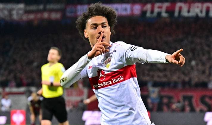 Sport Themen der Woche KW14 Sport Bilder des Tages 05.04.2023 - Fussball - Saison 2022 2023 - DFB Pokal Vereinspokal - 04. Runde - Viertelfinale: 1. FC Nürnberg Nuernberg FCN ( Club ) - VfB Stuttgart - Sportfoto Zink xwoxzix - regulations prohibit any use of photographs as image sequences and or quasi-video - Torjubel Jubel Freude nach Treffer Tor Torschuß zum 0:1 durch Enzo Millot (8, VfB Stuttgart ) - *** 05 04 2023 football season 2022 2023 DFB Pokal club cup 04 round quarterfinal 1 FC Nürnberg Nuernberg FCN club VfB Stuttgart sport photo zinc xwoxzix regulations prohibit any use of photographs as image sequences and or quasi video goal celebration joy after goal goal shot to 0 1 by Enzo Millot 8, VfB Stuttgart