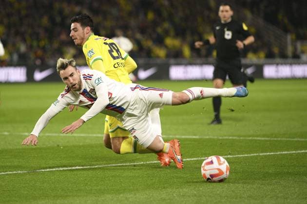 Nicolas Tagliafico (OL) vs Fabien Centonze (Nantes) FOOTBALL : FC Nantes vs Lyon - 1 2 Finale de la Coupe de France - 05 04 2023 JBAutissier Panoramic 