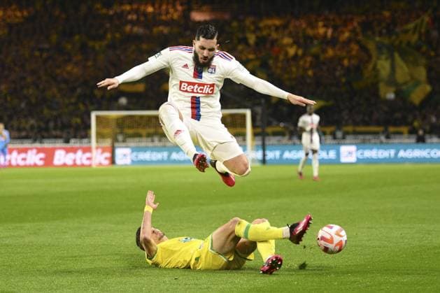 Rayan Mathis Cherki (OL) vs Andrei Girotto (Nantes) FOOTBALL : FC Nantes vs Lyon - 1 2 Finale de la Coupe de France - 05 04 2023 JBAutissier Panoramic 