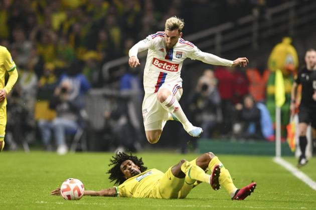 Nicolas Tagliafico (OL) vs Samuel Moutoussamy (Nantes) FOOTBALL : FC Nantes vs Lyon - 1 2 Finale de la Coupe de France - 05 04 2023 JBAutissier Panoramic 
