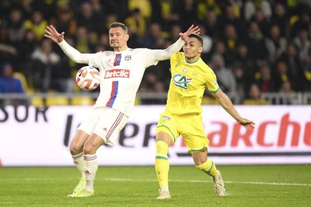 Mostafa Mohamed Ahmed Abdalla (Nantes) vs Dejan Lovren (OL) FOOTBALL : FC Nantes vs Lyon - 1 2 Finale de la Coupe de France - 05 04 2023 JBAutissier Panoramic 
