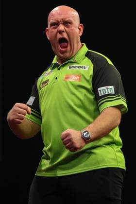 Sport Themen der Woche KW14 Sport Bilder des Tages 2023 Cazoo PDC Premier League Darts Night 10 Michael Van Gerwen celebrates winning a leg during the 2023 Cazoo PDC Premier League Darts Night 10 at Utilita Arena Birmingham, Birmingham, United Kingdom, 6th April 2023 (Photo by Gareth Evans News Images) Birmingham Utilita Arena Birmingham West Midlands United Kingdom Copyright: xGarethxEvans NewsxImagesx