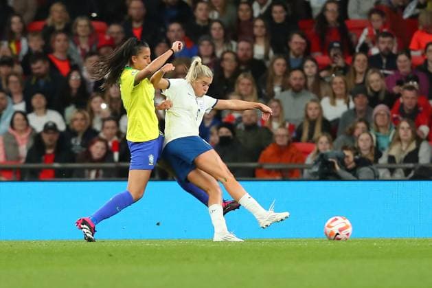 6th April 2023; Wembley Stadium, London, England; Womens Finalissima Football, England versus Brazil; Alessia Russo of England shoots under pressure but shot was saved by goalkeeper Leticia Izidoro of Brazil  ActionPlus12494660 KatiexChan