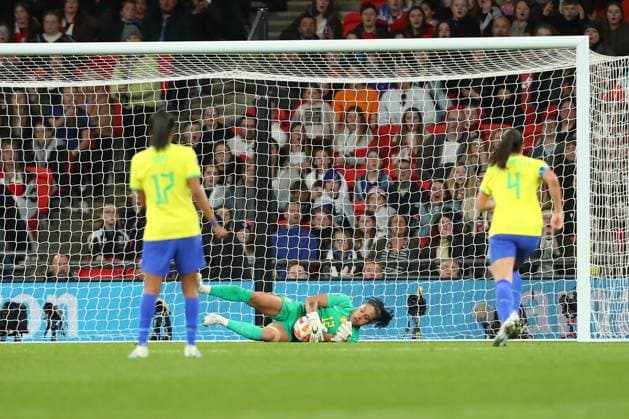 6th April 2023; Wembley Stadium, London, England; Womens Finalissima Football, England versus Brazil; Alessia Russo of England shoots but is saved by goalkeeper Leticia Izidoro of Brazil  ActionPlus12494661 KatiexChan