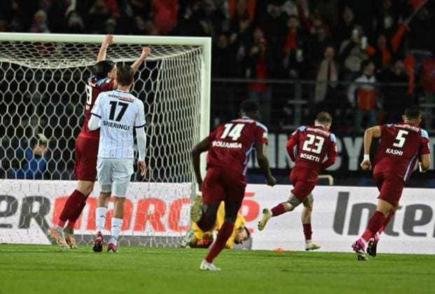 Alexy Bosetti (annecy) vs Christian Haug(toulouse) FOOTBALL: FC Annecy vs Toulouse FC - 1 2 Coupe de France - 06 04 2023 FredericChambert Panoramic 