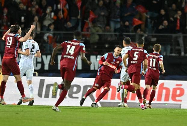 Joie de Alexy Bosetti (annecy) vs Christian Haug(toulouse) FOOTBALL: FC Annecy vs Toulouse FC - 1 2 Coupe de France - 06 04 2023 FredericChambert Panoramic 