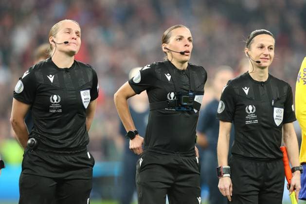 6th April 2023; Wembley Stadium, London, England; Womens Finalissima Football, England versus Brazil; fourth official Esther Staubli, referee Stephanie Frappart, and assistant referee Elodie Coppola  ActionPlus12494712 KatiexChan