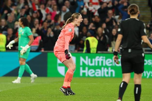6th April 2023; Wembley Stadium, London, England; Womens Finalissima Football, England versus Brazil; goalkeeper Mary Earps of England celebrates after saving in the penalty shoot out from Tamires at 1-1.  ActionPlus12494800 KatiexChan