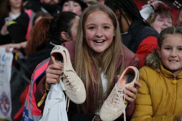 England Women v Brazil Women Womens Finalissima 2023 A young England fan is happy with a pair of boots at the end of the Womens Finalissima 2023 match between England Women and Brazil Women at Wembley Stadium, London Content Not Available For UK Newspapers Copyright: xPaulxChestertonx FIL-18329-0166 UK Newspapers OUT