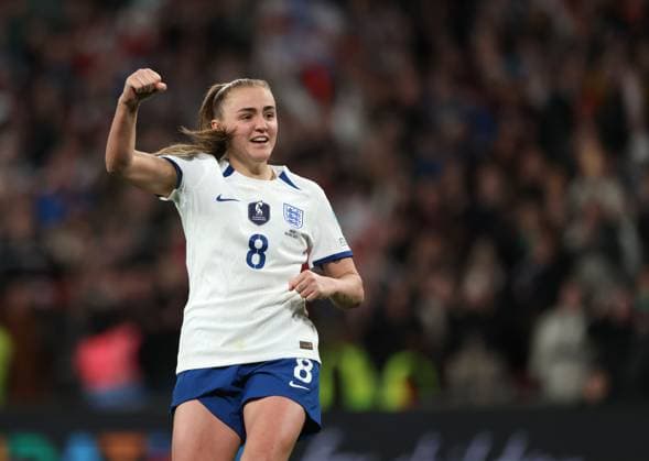Georgia Stanway (E) celebrates scoring her penalty at the England v Brazil UEFA Women s Finalissima 2023 match at Wembley Stadium, London, UK on 6th April, 2023. 