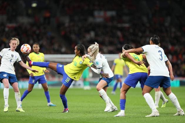 Geyse of Brazil Women on the ball during the CONMEBOL-UEFA WOMEN S CHAMPIONS CUP FINALISSIMA match between England Women and Brazil Women at Wembley Stadium, London, England on 6 April 2023. Copyright: xJoshuaxSmithx 36560020