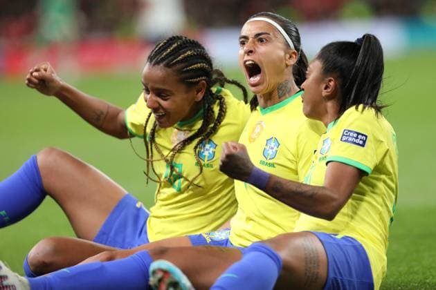 Brazil Women celebrate their last-minute equaliser during the CONMEBOL-UEFA WOMEN S CHAMPIONS CUP FINALISSIMA match between England Women and Brazil Women at Wembley Stadium, London, England on 6 April 2023. Copyright: xJoshuaxSmithx 36560036