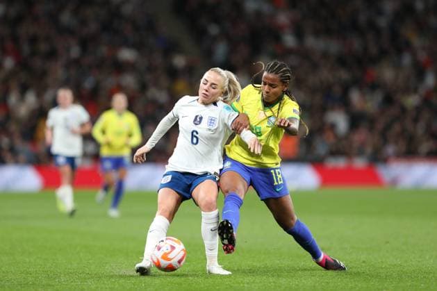 Geyse of Brazil Women barges Alex Greenwood of England Lionesses during the CONMEBOL-UEFA WOMEN S CHAMPIONS CUP FINALISSIMA match between England Women and Brazil Women at Wembley Stadium, London, England on 6 April 2023. Copyright: xJoshuaxSmithx 36560053