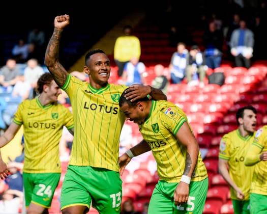 Sky Bet Championship Blackburn Rovers v Norwich City Marquinhos 13 of Norwich City and Onel Hernandez 25 of Norwich City celebrate the goal to make it 0-2 during the Sky Bet Championship match Blackburn Rovers vs Norwich City at Ewood Park, Blackburn, United Kingdom, 7th April 2023 (Photo by Ben Roberts News Images) Blackburn Ewood Park Lancashire United Kingdom Copyright: xBenxRoberts NewsxImagesx