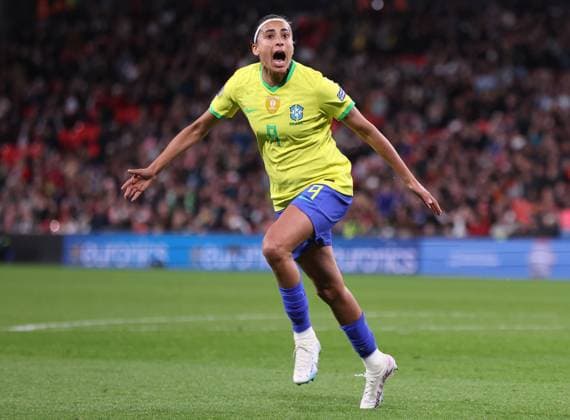 London, England, 6th April 2023. Andressa Alves of Brazil celebrates after scoring to make it 1-1 during the Women s CONMEBOL UEFA Finalissima match at Wembley Stadium, London. Picture credit should read: Paul Terry Sportimage EDITORIAL USE ONLY. No use with unauthorised audio, video, data, fixture lists, club league logos or live services. Online in-match use limited to 120 images, no video emulation. No use in betting, games or single club league player publications. SPI-2352-0209