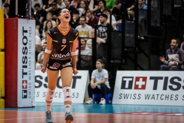 Playoff Final Game 1 between Neuchatel UC Volleyball and Volley Duedingen Fabiana Mottis (NUC, 7) celebrates the win of set 3 in the Playoff Final Game 1 between Neuchatel UC Volleyball and Volley Duedingen on 08.04.2023 in Neuchatel, Switzerland. Copyright: xBEAUTIFULxSPORTS OlafxRellischx