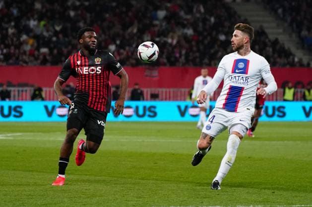Terem Moffi (OGC Nice) - Sergio Ramos (Paris SG) FOOTBALL : OGC Nice vs Paris SG - Ligue 1 Uber Eats - Nice - 08 04 2023 NorbertScanella Panoramic 