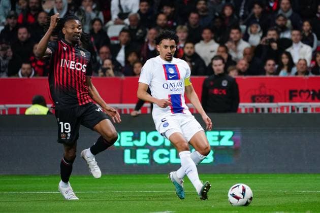 Marquinhos (Paris SG) FOOTBALL : OGC Nice vs Paris SG - Ligue 1 Uber Eats - Nice - 08 04 2023 NorbertScanella Panoramic 