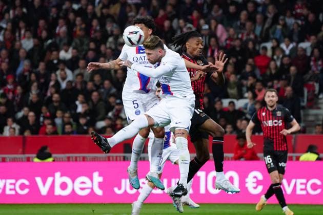 Marquinhos (Paris SG) - Sergio Ramos (Paris SG) - Khephren Thuram (OGC Nice) FOOTBALL : OGC Nice vs Paris SG - Ligue 1 Uber Eats - Nice - 08 04 2023 NorbertScanella Panoramic 