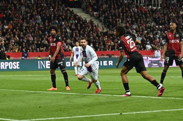 lionel messi (psg) celebrates the 0-1 during OGC Nice vs Paris Saint Germain (PSG), French football Ligue 1 match in Nice, France, April 08 2023  Copyright: xAlessioxTarpini LiveMediax xipa-x xLivexMediax 0 IPA_IPA37201591