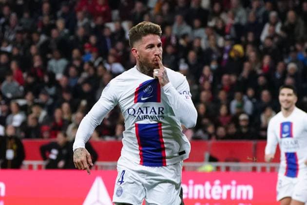 Joie - Sergio Ramos (Paris SG) FOOTBALL : OGC Nice vs Paris SG - Ligue 1 Uber Eats - Nice - 08 04 2023 NorbertScanella Panoramic 