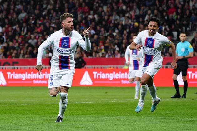 Joie - Sergio Ramos (Paris SG) FOOTBALL : OGC Nice vs Paris SG - Ligue 1 Uber Eats - Nice - 08 04 2023 NorbertScanella Panoramic 