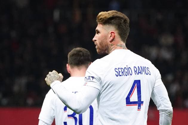 Joie - Sergio Ramos (Paris SG) FOOTBALL : OGC Nice vs Paris SG - Ligue 1 Uber Eats - Nice - 08 04 2023 NorbertScanella Panoramic 