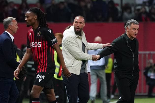 Christophe Galtier (Entraineur du Paris SG) - Didier Digard (entraineur de l OGC Nice) - Khephren Thuram (OGC Nice) FOOTBALL : OGC Nice vs Paris SG - Ligue 1 Uber Eats - Nice - 08 04 2023 NorbertScanella Panoramic 