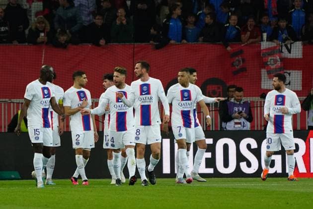 Joie - Lionel Messi (Paris SG) FOOTBALL : OGC Nice vs Paris SG - Ligue 1 Uber Eats - Nice - 08 04 2023 NorbertScanella Panoramic 