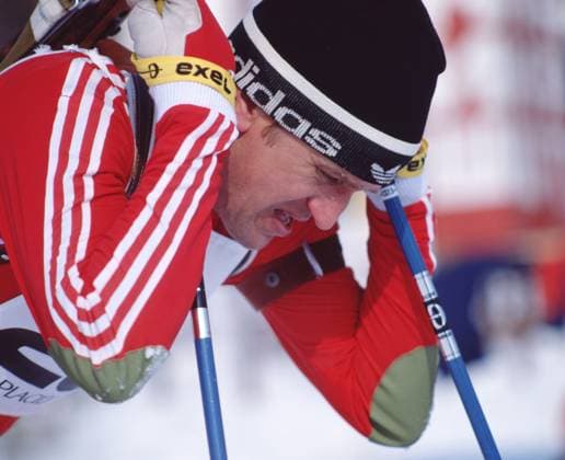 Lake Placid, United States. Soviet athlete Alexander Tikhonov competes during the 4 x 7,5 km men s biathlon event of the 1980 Winter Olympics. Robert Maximov TASS  58337321