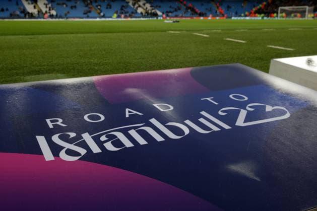 11th April 2023; Etihad Stadium, Manchester, England; Champions League Football, Quarter Final, First Leg, Manchester City versus Bayern Munich; the UEFA Road to Istanbul logo on the side of the Etihad pitch  ActionPlus12496642 DavidxBlunsden