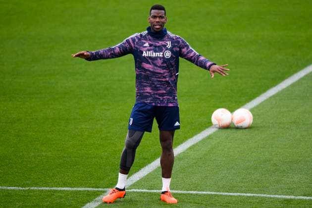 Juventus FC training Paul Pogba of Juventus FC gestures during Juventus FC training on the eve of the UEFA Europa League quarterfinal first leg football match between Juventus FC and Sporting CP. Turin Italy Copyright: xNicolòxCampox