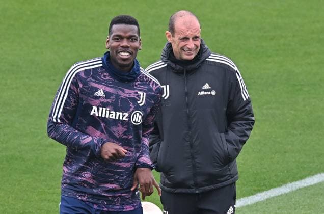 April 12, 2023, Turin, Italy: Juventus Paul Pogba and head coach Massimiliano Allegri during the training session on the eve of the UEFA Europa League quarter final match Juventus FC -Sporting Clube de Portugal at the JTC Continassa, Turin, Italy, 12 April 2023. ANSA ALESSANDRO DI MARCO Turin Italy - ZUMAa110 20230412_zaf_a110_018 Copyright: xAlessandroxDixMarcox