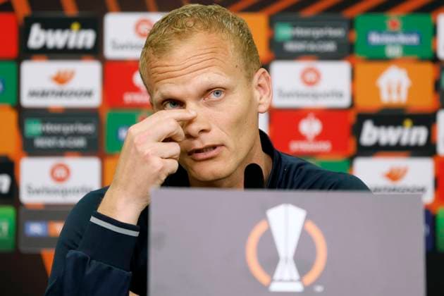 LEVERKUSEN, BELGIUM - APRIL 12 : Geraerts Karel head coach of Union St-Gilloise pictured during a press conference, PK, Pressekonferenz the day before the UEFA Europa League Quarter-finals, 1st leg match between Leverkusen and Union SG at the BayArena on April 12, 2023 in Leverkusen, Belgium, 12 04 2023 ( Leverkusen v Union SG - UEFA Europa League - media activities PhotoNews Panoramic 