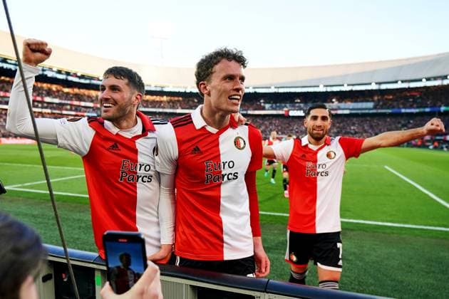 UEFA Europa League quarter final: Feyenoord v AS Roma Rotterdam - Santiago Gimenez of Feyenoord, Mats Wieffer of Feyenoord, Alireza Jahanbakhsh of Feyenoord during the match between Feyenoord v AS Roma at Stadion Feijenoord De Kuip on 13 April 2023 in Rotterdam, the Netherlands. Copyright: xYannickxVerhoevenx