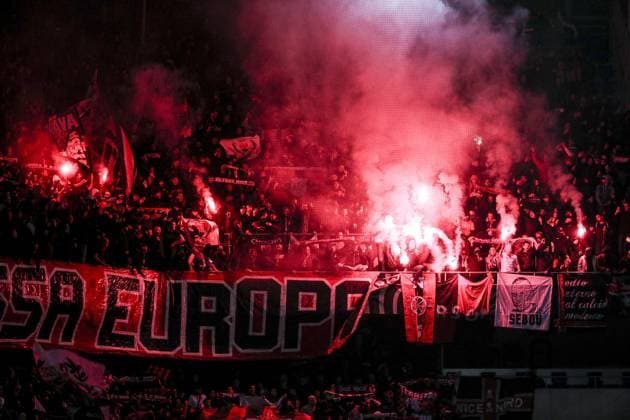 Sport Bilder des Tages ambiance Supporters de l equipe de NICE FOOTBALL : FC Basel vs OGC Nice - UEFA Europa Conference League quarter-final- 13 04 2023 -St. Jakob b-Park Basel ElyxandroCegarra Panoramic 