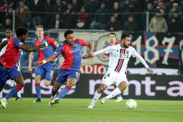 Gaetan Laborde 24 FOOTBALL : FC Basel vs OGC Nice - UEFA Europa Conference League quarter-final- 13 04 2023 -St. Jakob b-Park Basel ElyxandroCegarra Panoramic 