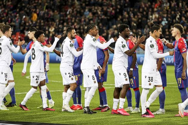 Team Nice FOOTBALL : FC Basel vs OGC Nice - UEFA Europa Conference League quarter-final- 13 04 2023 -St. Jakob b-Park Basel ElyxandroCegarra Panoramic 