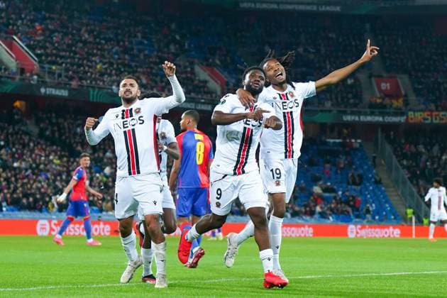 13.04.2023, Basel, St. Jakobs-Park, Switzerland, UEFA Europa Conference League: FC Basel - OGC Nice, 9 Terem Moffi (Nice) celebrates after scoring his team s first goal with teammates Basel St. Jakobs-Park Basel Switzerland Copyright: xJustPictures.ch DanielaxPorcellix