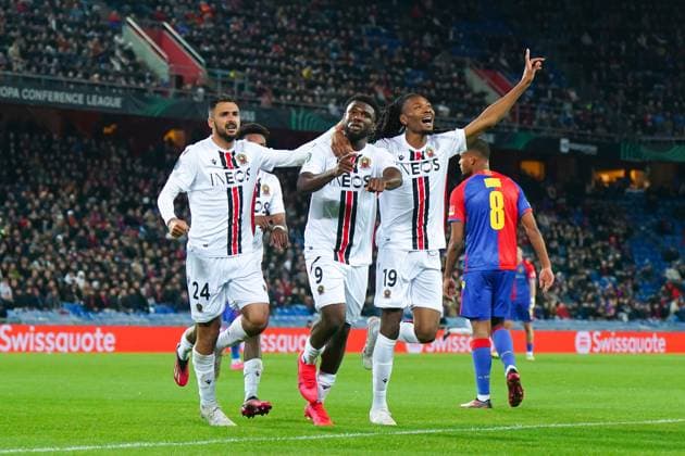 13.04.2023, Basel, St. Jakobs-Park, Switzerland, UEFA Europa Conference League: FC Basel - OGC Nice, 9 Terem Moffi (Nice) celebrates after scoring his team s first goal with teammates Basel St. Jakobs-Park Basel Switzerland Copyright: xJustPictures.ch DanielaxPorcellix